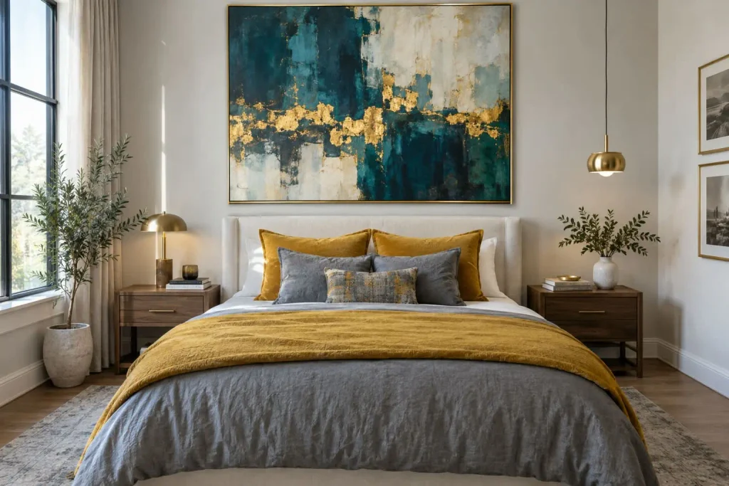 Large teal and gold abstract painting above a grey bed with a mustard throw