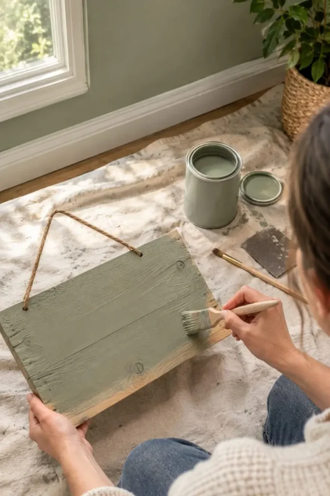 Person painting a wood board sage green with a sample paint pot next to a matching sage wall