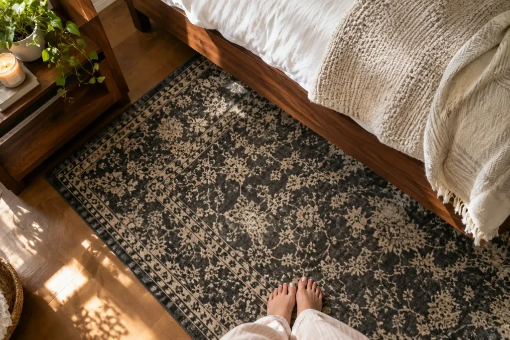 Black and cream medallion area rug on a wood floor beside a bed with a cream knit blanket