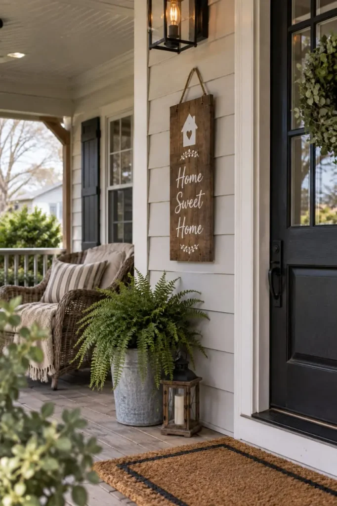 Sealed wood home sweet home sign hanging on a covered porch beside a black front door and a fern