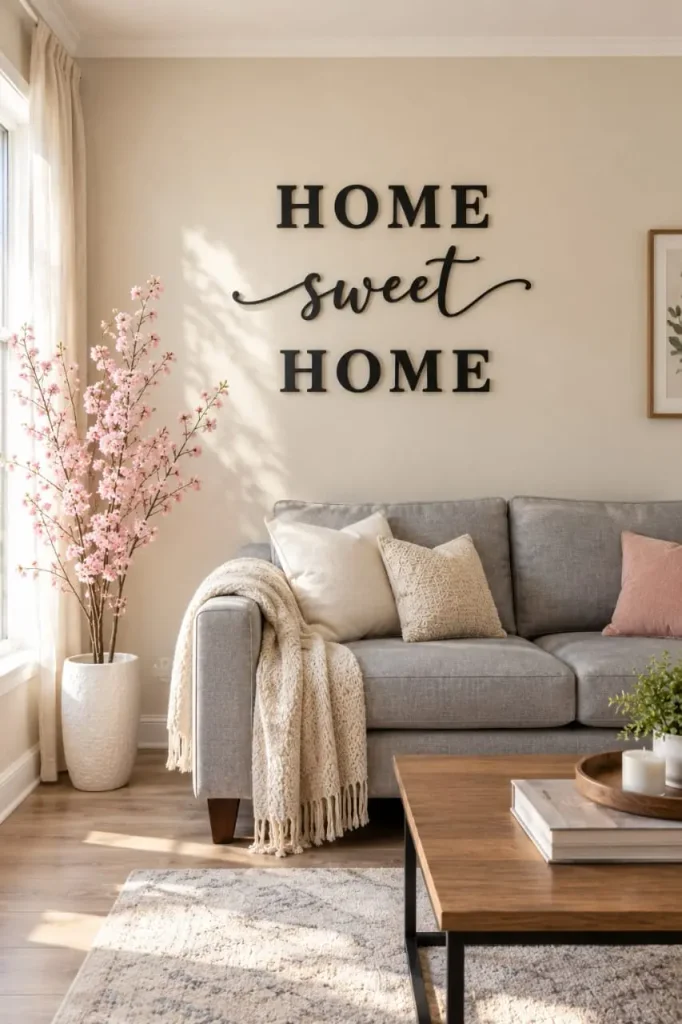 Black block and script home sweet home wall letters on a beige wall above a grey sofa and pink blossoms