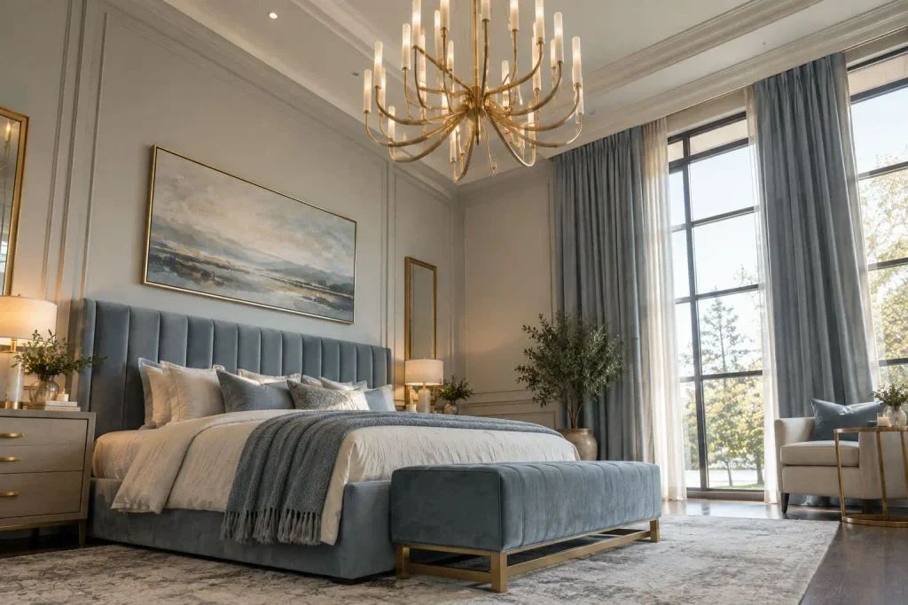 Gold sculptural chandelier above a blue velvet bed and bench with tall grey blue drapes