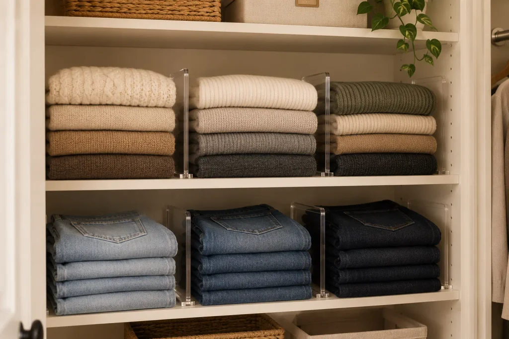 Folded sweaters and jeans kept upright with clear dividers on closet shelves