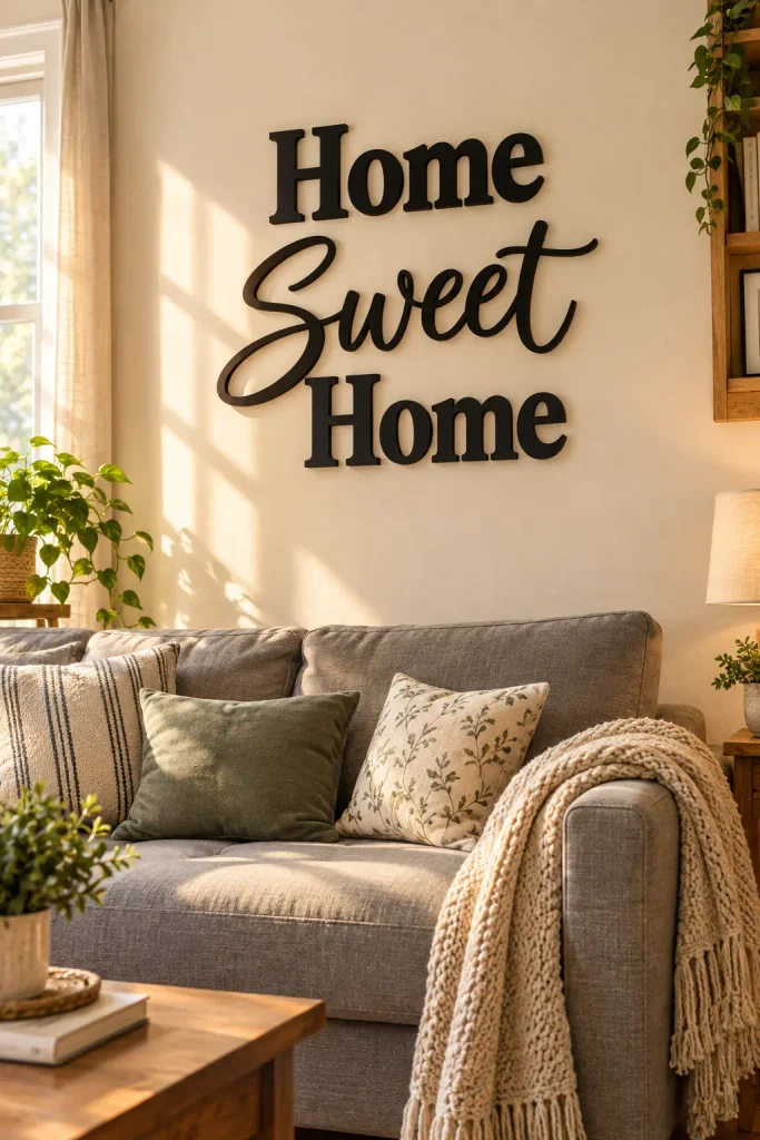 Black block and script home sweet home wall letters mounted above a grey sofa with a knit throw