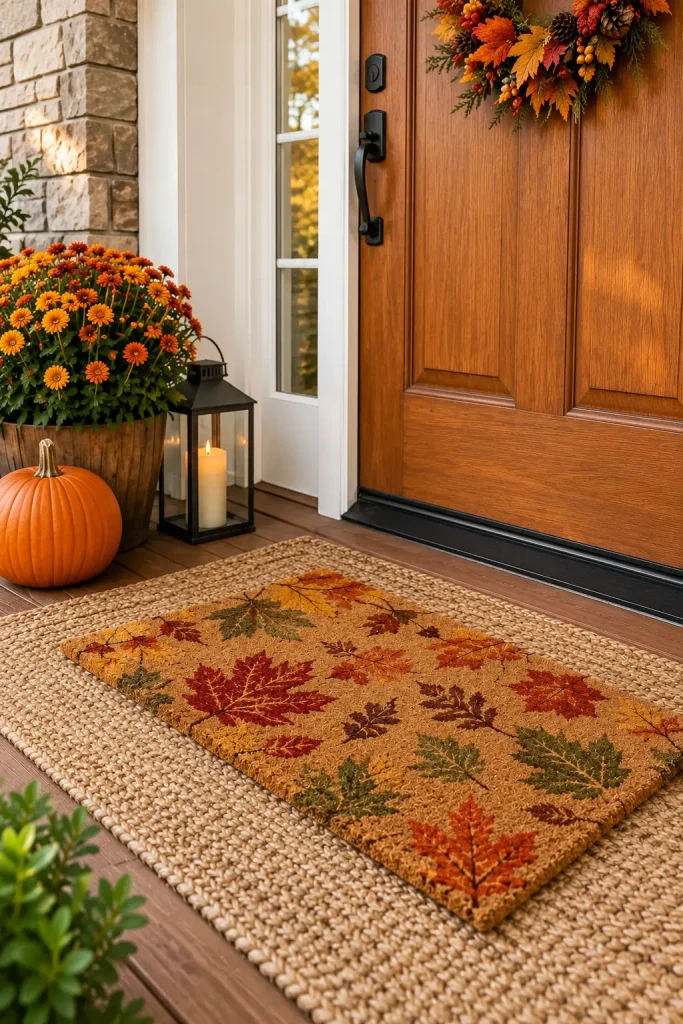 Layered fall doormat with leaf pattern on front porch