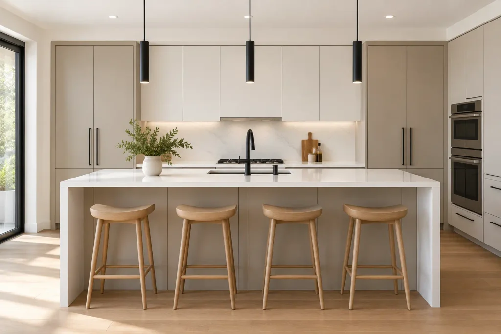Modern kitchen inspiration with grey flat panel cabinets, a white waterfall island, wood stools, and black pendant lights
