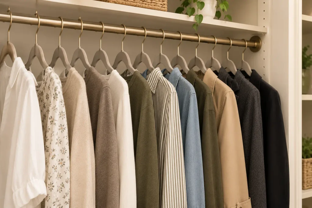 Matching cream velvet hangers with neutral shirts on a brass closet rod