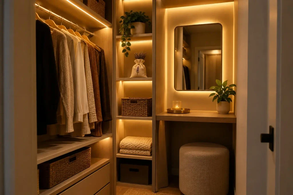 Warm LED strip lights under closet shelves with a lit mirror and round stool