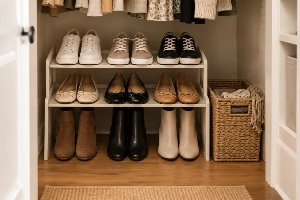 White tiered shoe rack with sneakers, flats, and boots beside a woven basket