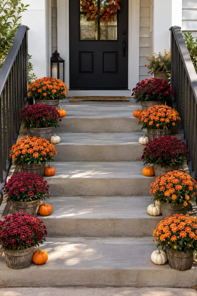 Small potted mums lined along front porch steps