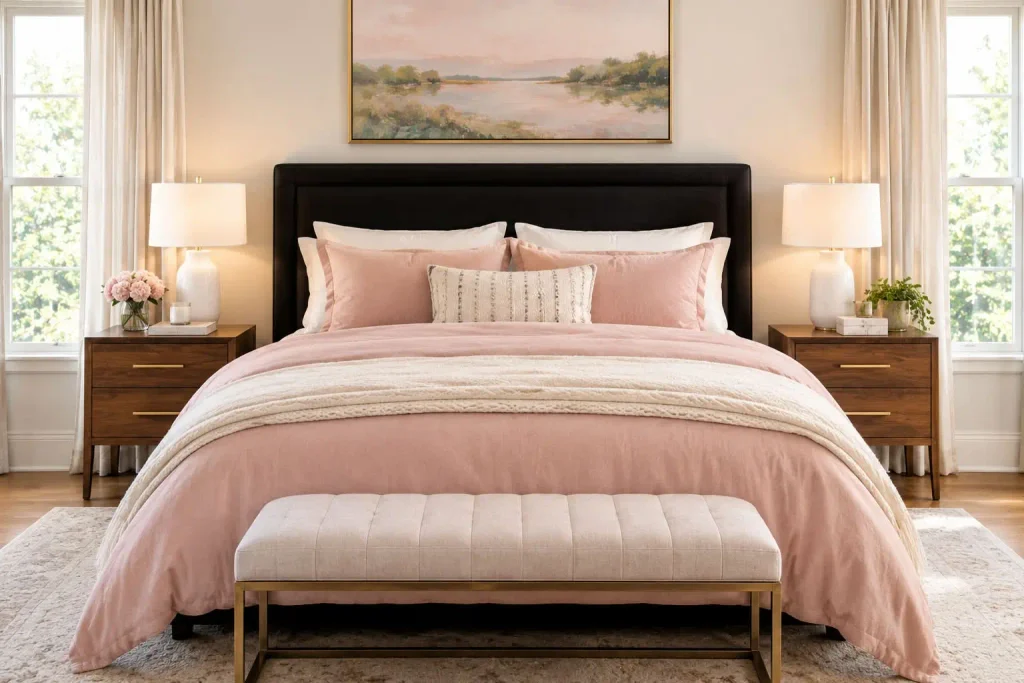 Matching nightstands and lamps on both sides of a bed with blush pink bedding and a cream bench