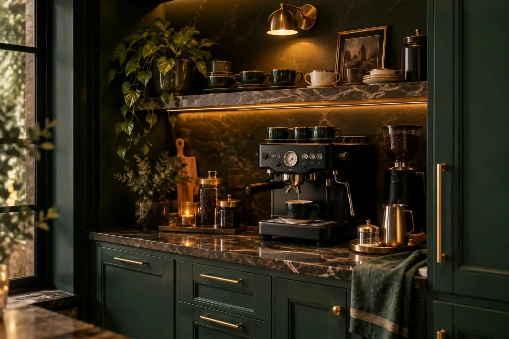 Dark green cabinets with an espresso machine, a glowing brass wall lamp, and shelves of cups in a moody corner
