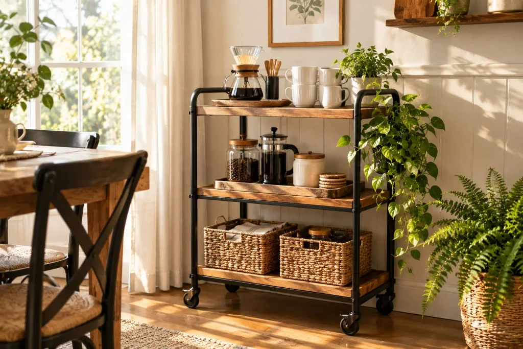 Black metal rolling cart with wood shelves holding a coffee maker, cups, and woven baskets beside a sunny window