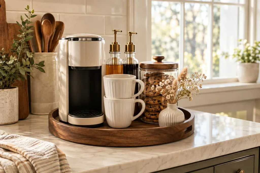 Round wooden tray holding a coffee maker, stacked white mugs, syrup bottles with gold pumps, and small flowers