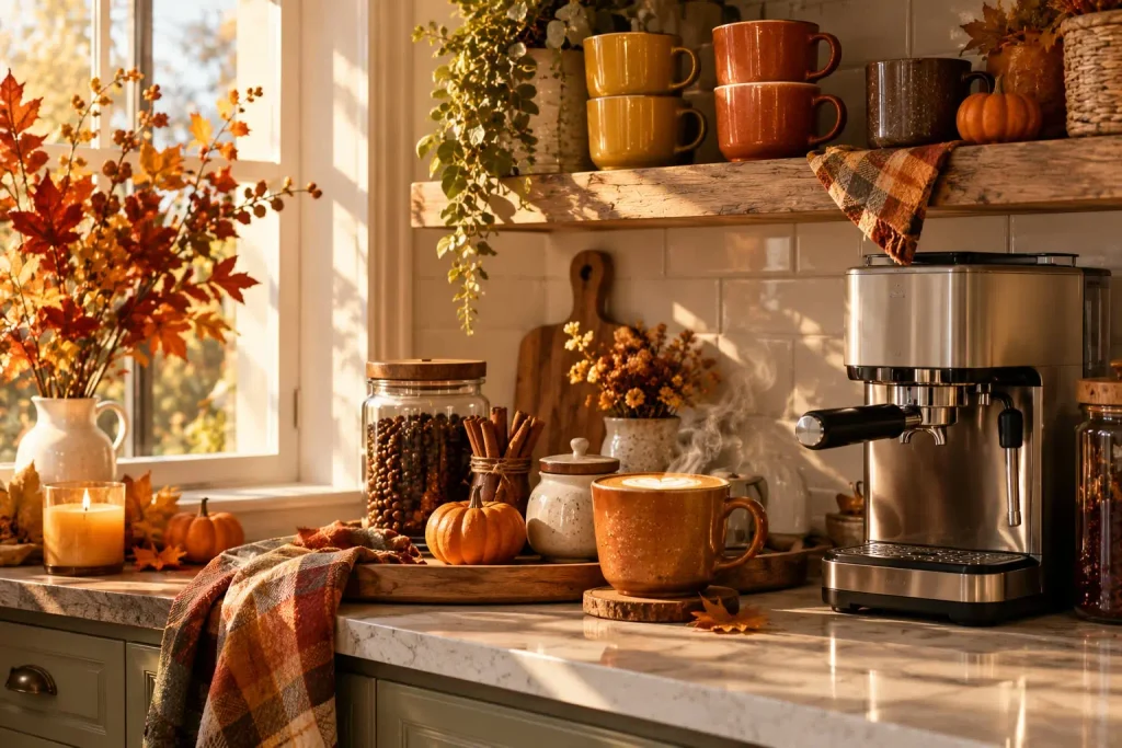 Fall coffee bar with a mini pumpkin, warm-toned mugs, plaid towel and an espresso machine