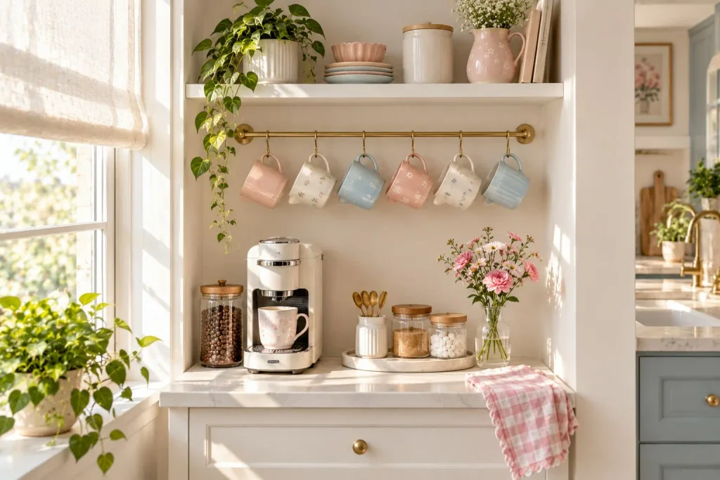 Wall rail with hooks holding pastel pink, blue, and green mugs above a coffee maker and a vase of flowers