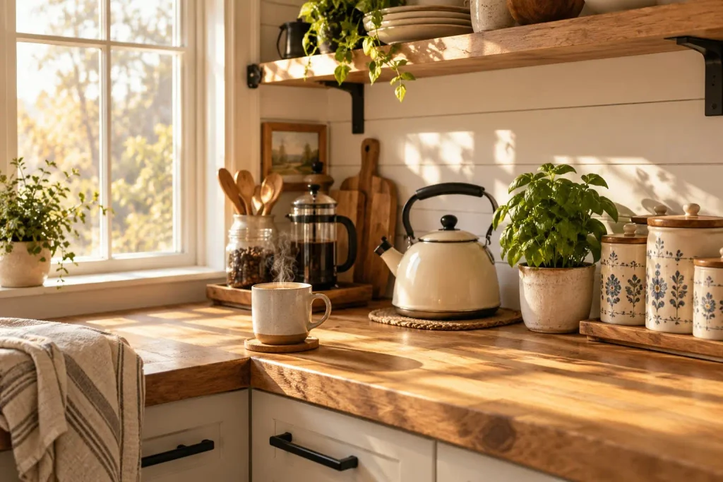 Coffee bar ideas with a farmhouse nook of a cream kettle, ceramic canisters, and herbs on a butcher block counter