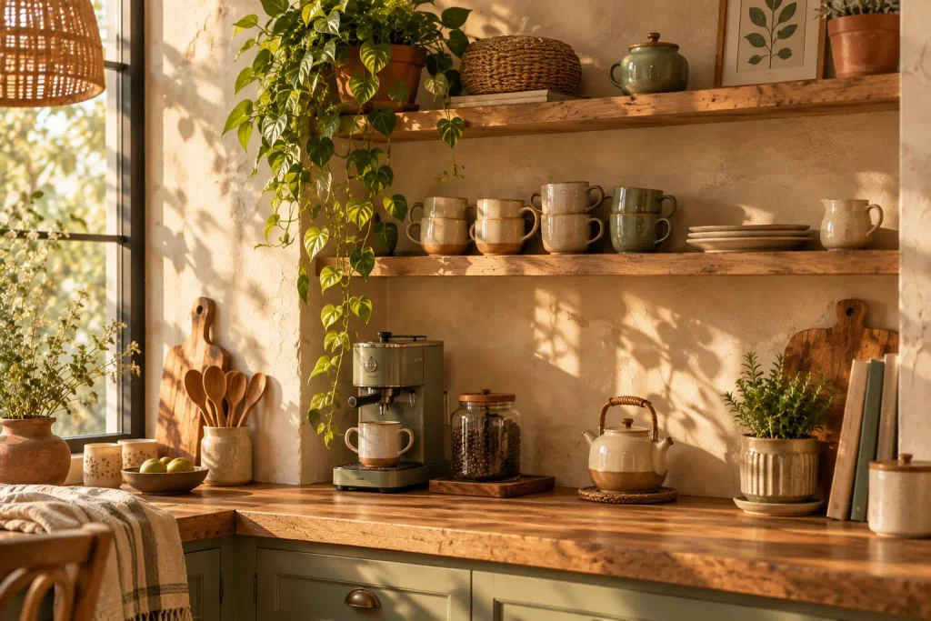 Wooden floating shelves with handmade mugs and trailing plants above a coffee maker on a wood counter