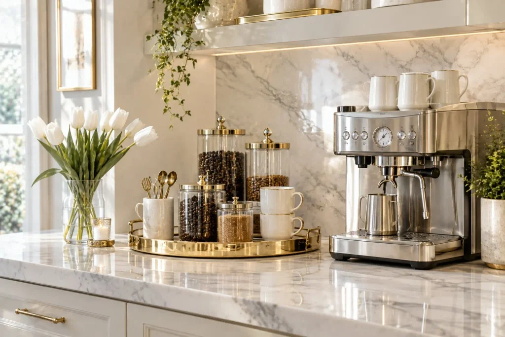 White marble counter with a silver espresso machine, glass canisters on a gold tray, and white flowers