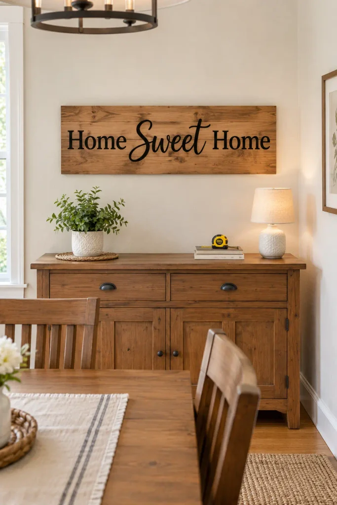 Rectangular wood plank home sweet home sign above a sideboard with a plant, lamp, and tape measure