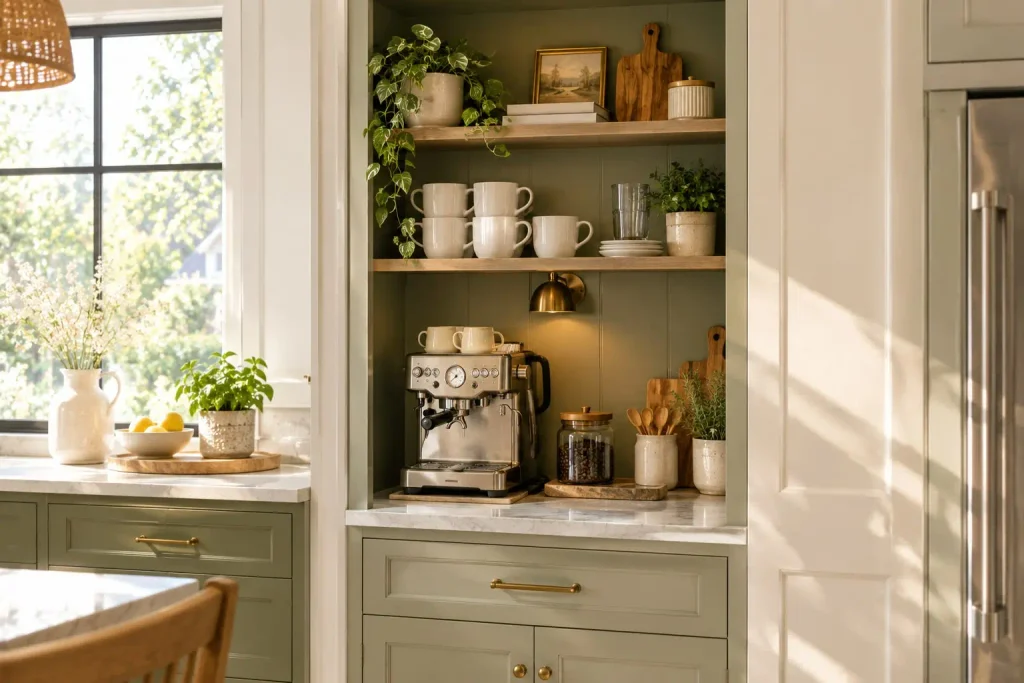 Built in cabinet with the doors removed showing shelves of mugs, jars, and an espresso machine beside a sunny window
