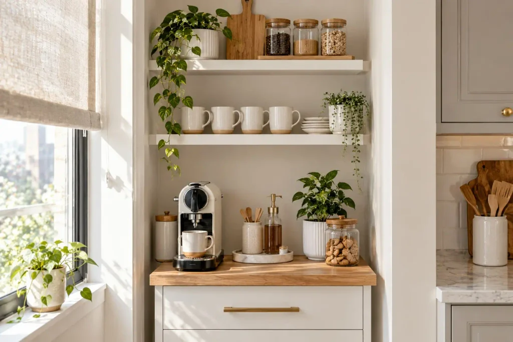 White floating shelves with mugs and glass jars above a coffee maker on a wood topped cabinet in a narrow corner
