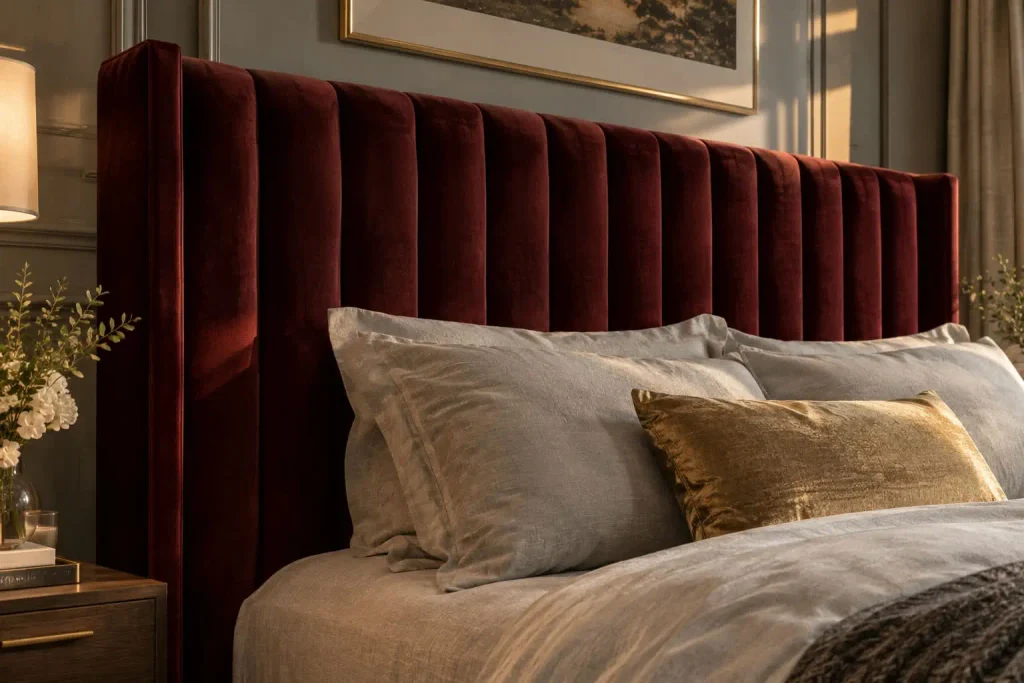 Tall burgundy velvet channel tufted headboard behind white bedding and a mustard satin pillow