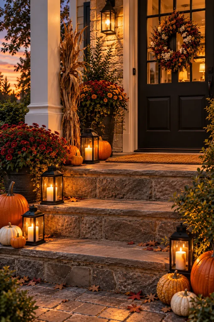 Lanterns lining fall porch steps with pumpkins and mums