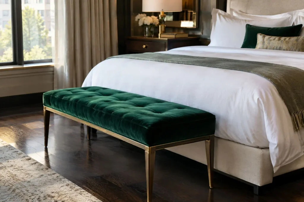 Emerald green tufted velvet bench with brass legs at the foot of a white bed