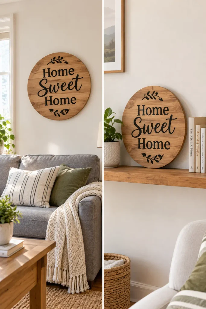 Round wood sign mounted above a sofa next to the same sign resting on a picture ledge with books