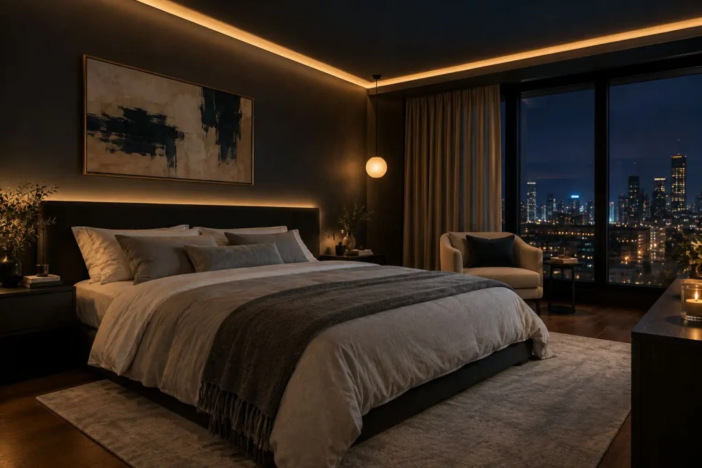 Dark bedroom with warm LED ceiling cove lighting, grey bedding, and a city view at night