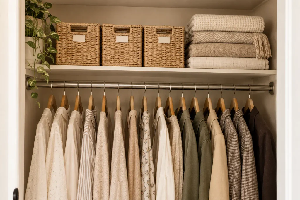 Woven baskets and folded sweaters on a closet top shelf above hanging clothes