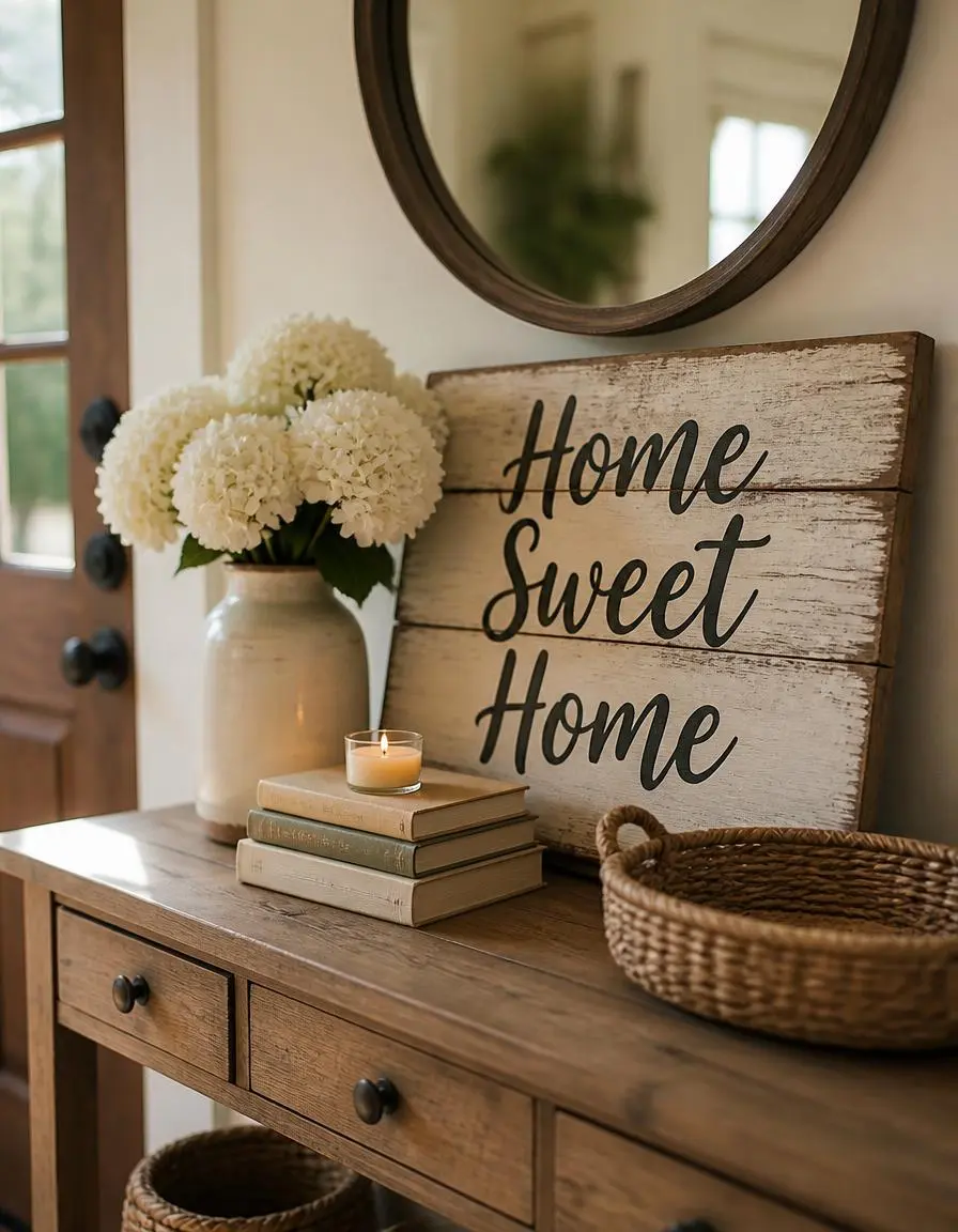 Rustic reclaimed wood Home Sweet Home sign on an entryway console with white flowers, books, a lit candle and a woven tray