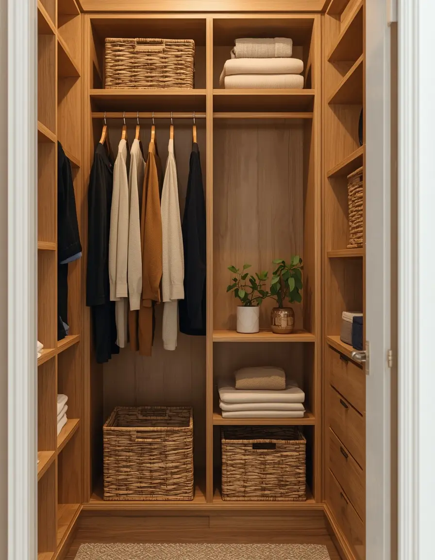 Small reach-in closet with light oak shelves and cubbies, neutral clothes on wooden hangers, folded sweaters and woven baskets