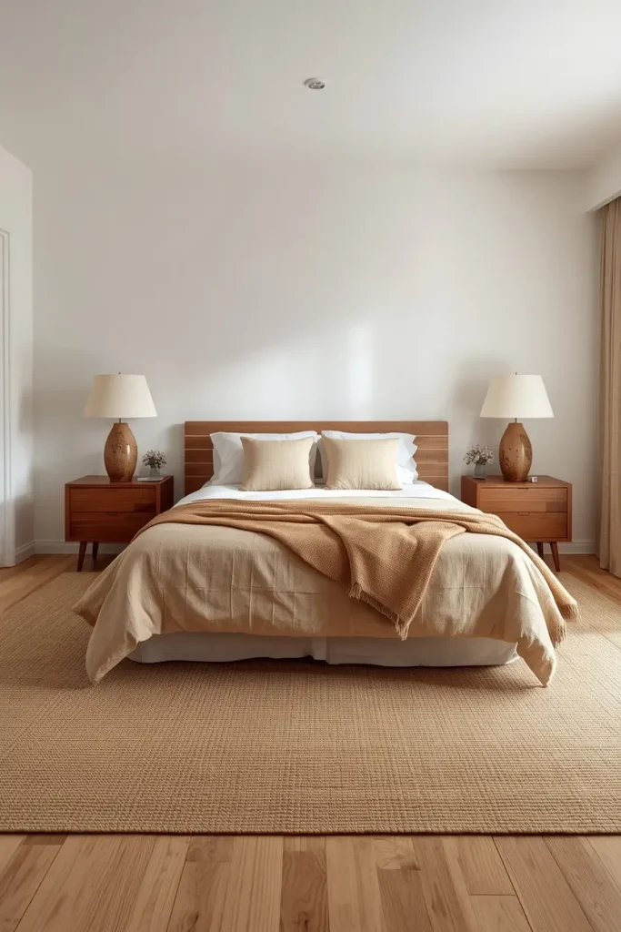 Room inspo layout with a centered queen bed, matching wooden nightstands and a wide woven rug in a spacious bedroom