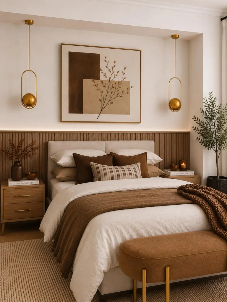 Bedroom with a warm oak slatted wood headboard wall, cream upholstered bed, brass pendant lights and large abstract art