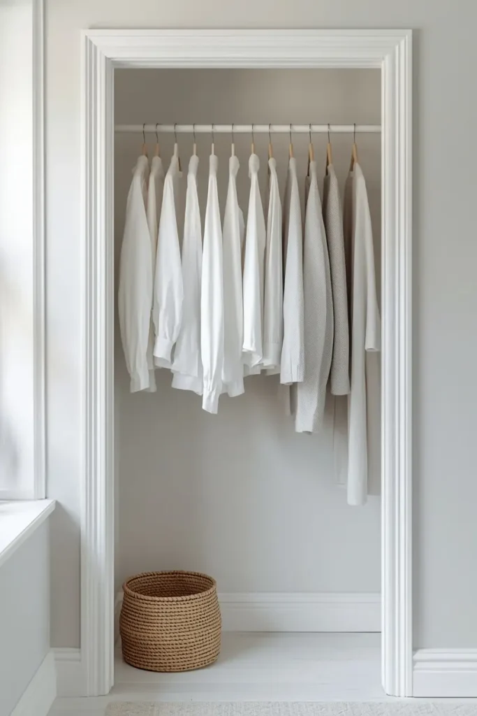 Small closet ideas layout with double hanging rods in a white and grey reach-in closet