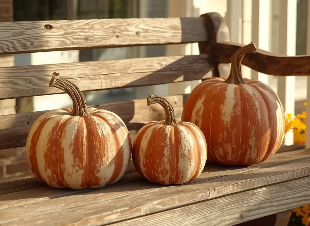 Plastic pumpkins makeover idea with three faux terracotta-style pumpkins in orange and cream streaks on a wooden farmhouse porch bench