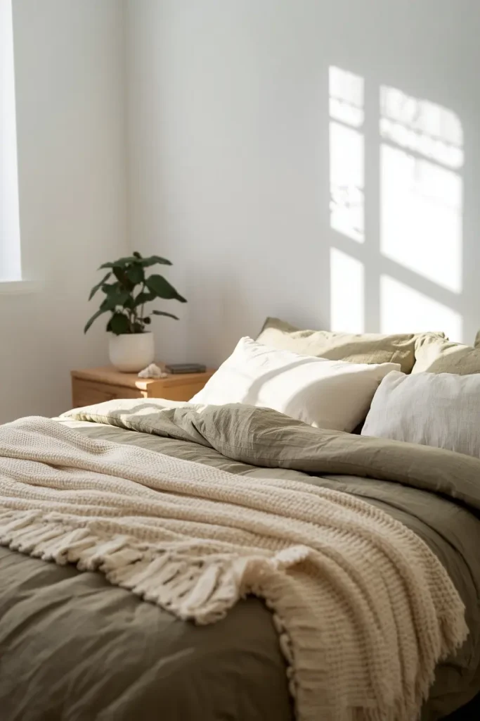 Greenery bedroom ideas with olive linen bedding, cream knit throw and a pothos on an oak nightstand
