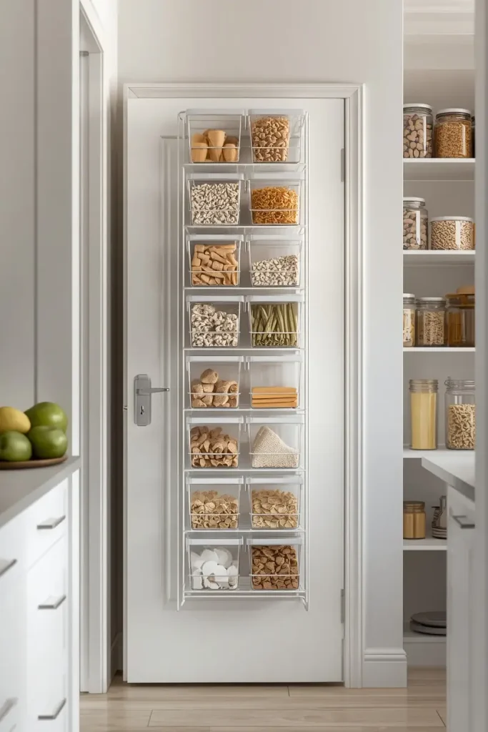 Behind the door storage ideas with an over the door white wire rack holding clear bins of pasta, crackers, nuts, and snacks on a pantry door