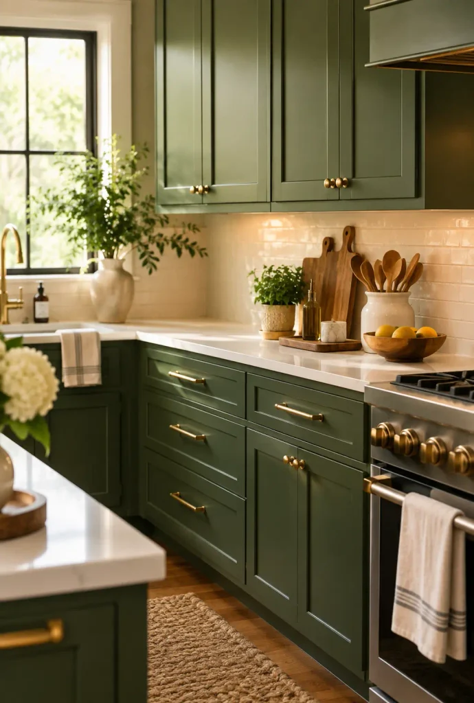 Kitchen with deep green shaker cabinets, brass handles, white tile backsplash and a gas stove