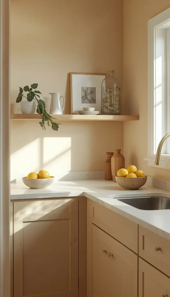 Compact L-shaped kitchen with warm cream walls, brass cabinet pulls and a bowl of lemons on the counter