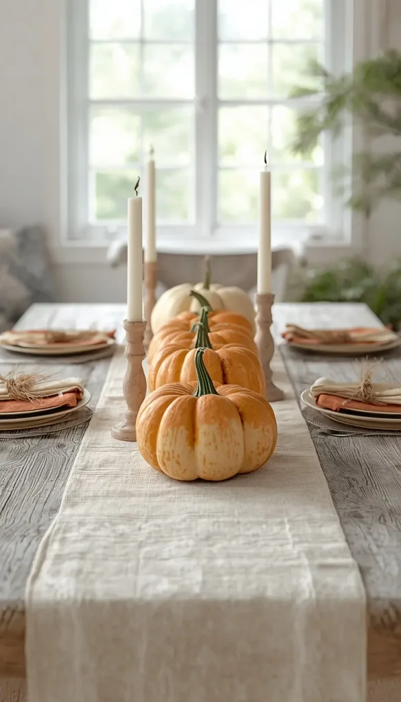Simple fall tablescapes idea with a cream linen runner, burnt orange pumpkins and ivory taper candles on a farmhouse table