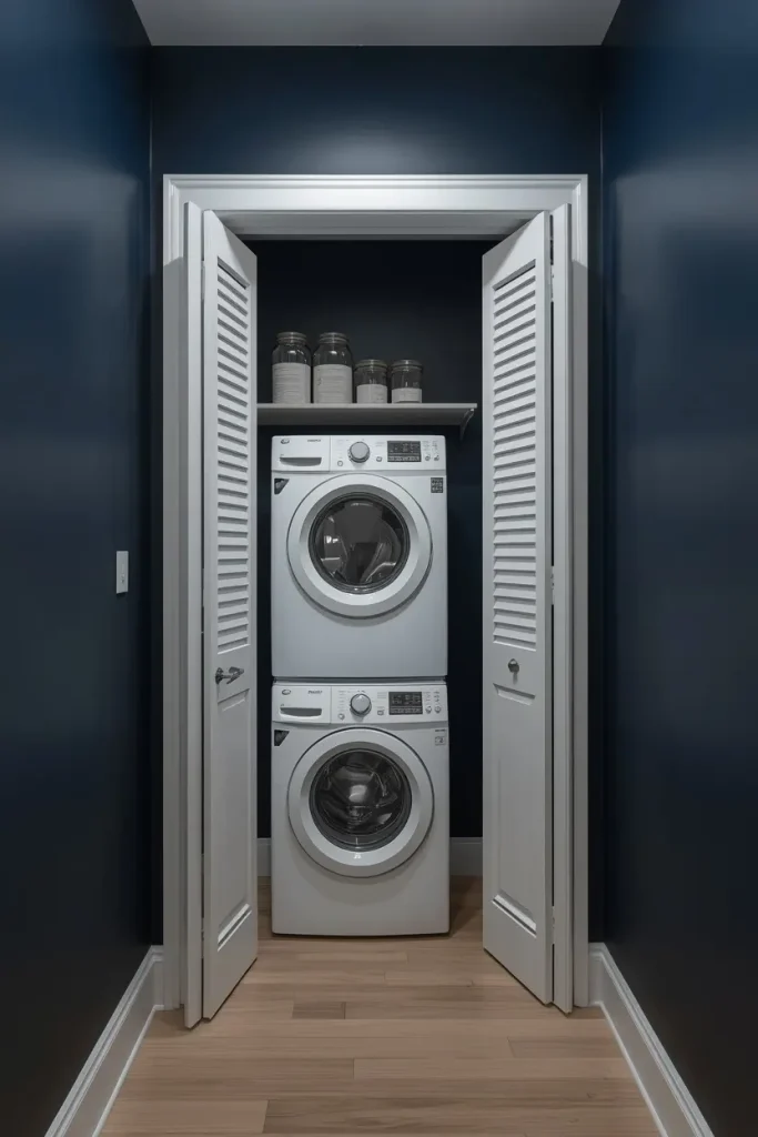 Very small laundry room ideas with a stacked white washer and dryer inside a closet with white louvered bifold doors and navy walls
