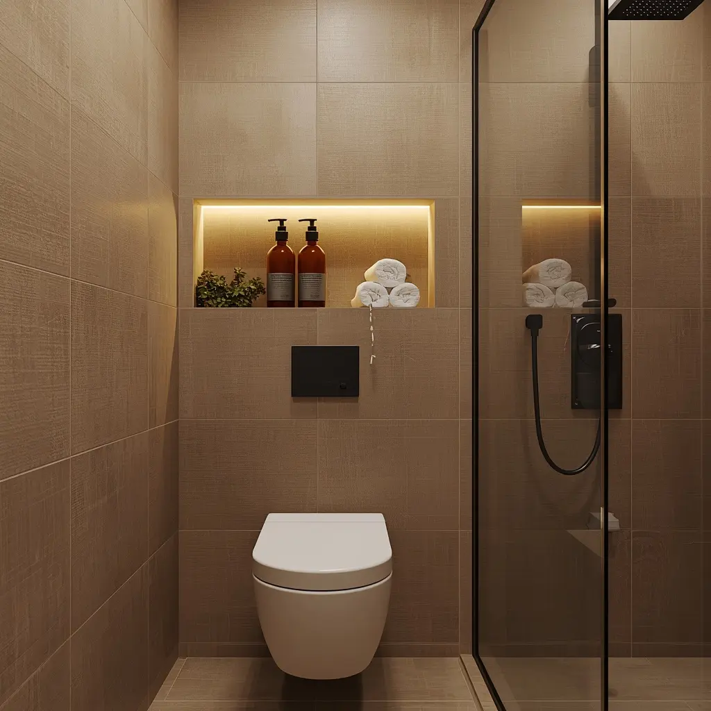 Bathroom remodel ideas with a lit recessed niche holding amber soap bottles and rolled towels above a wall hung toilet