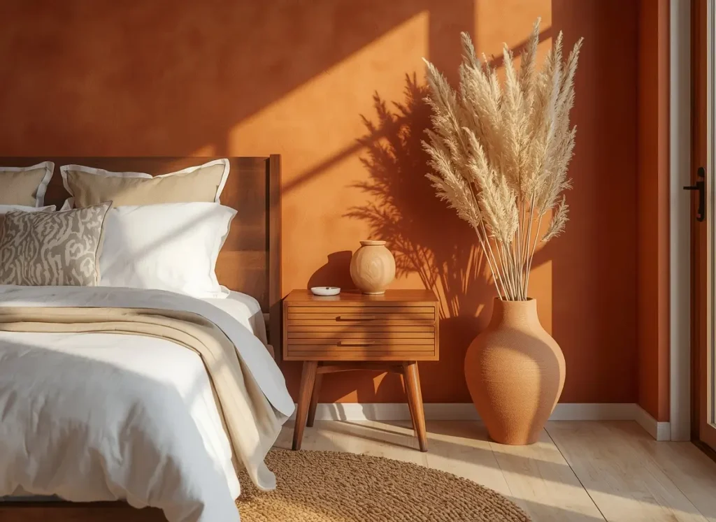 Warm bedroom aesthetic with terracotta wall, white linen bedding and pampas grass in a clay vase