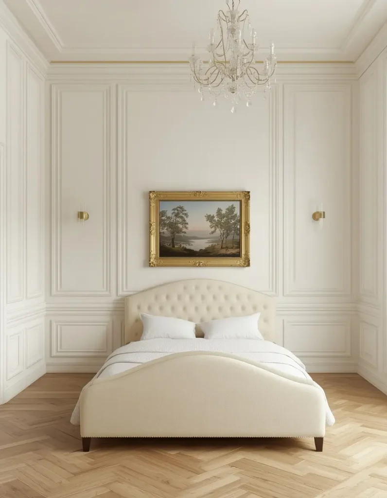 Wainscoting bedroom ideas with cream floor-to-ceiling picture frame molding, a tufted bed, gold-framed painting and crystal chandelier