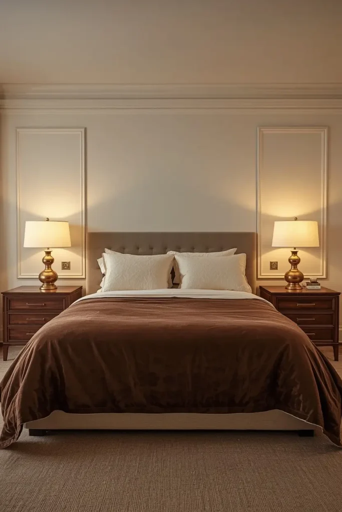 Brown bedding ideas with a chocolate velvet duvet, cream sheets and brass lamps on walnut nightstands