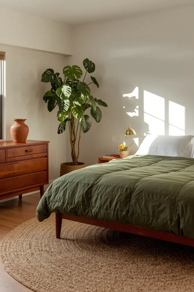 Mid-century bedroom with a tall monstera beside a teak dresser and a hunter green duvet