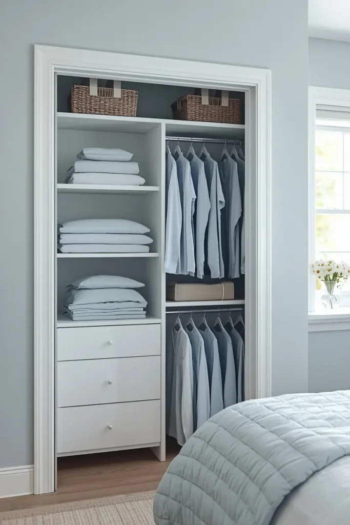 White adjustable closet shelves and rod with powder blue linens in a cottage bedroom